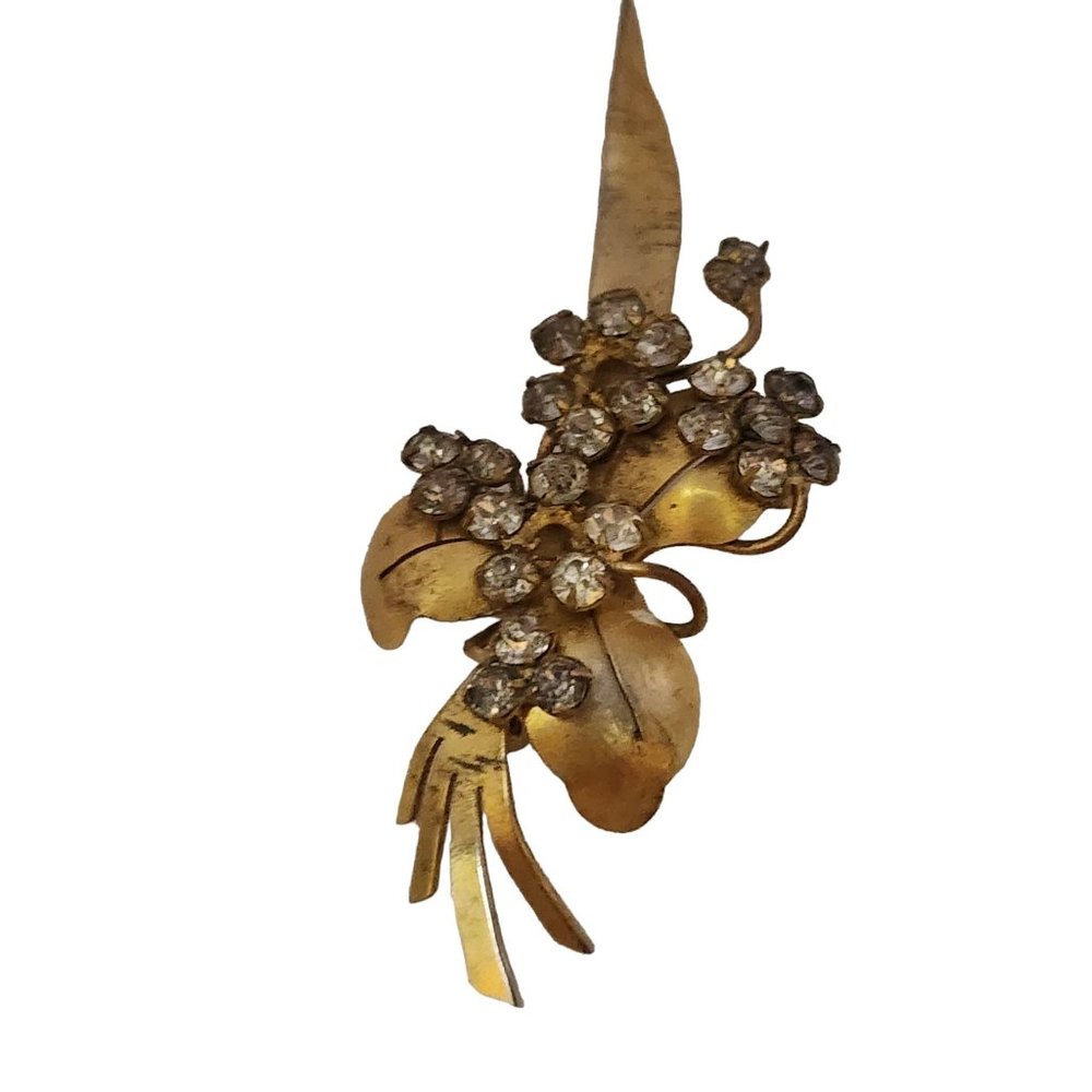 Vintage French Paste & Brass Floral Brooch (A3655)
